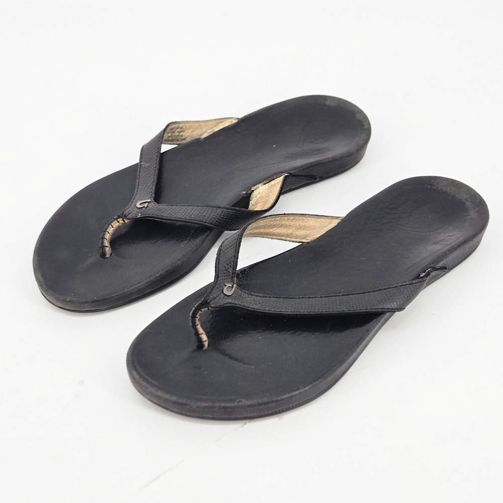 OluKai HiOna Black Leather Beach Thong Flip Flop Sandals Women's 8 Repair TLC